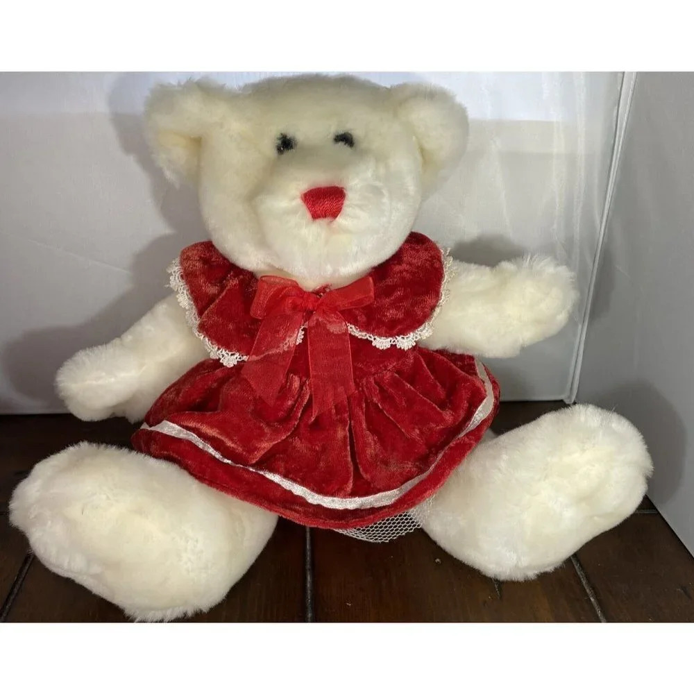Dan Dee Sitting White Teddy Bear Red Velvet Dress Plush Stuffed Animal Toy 10”